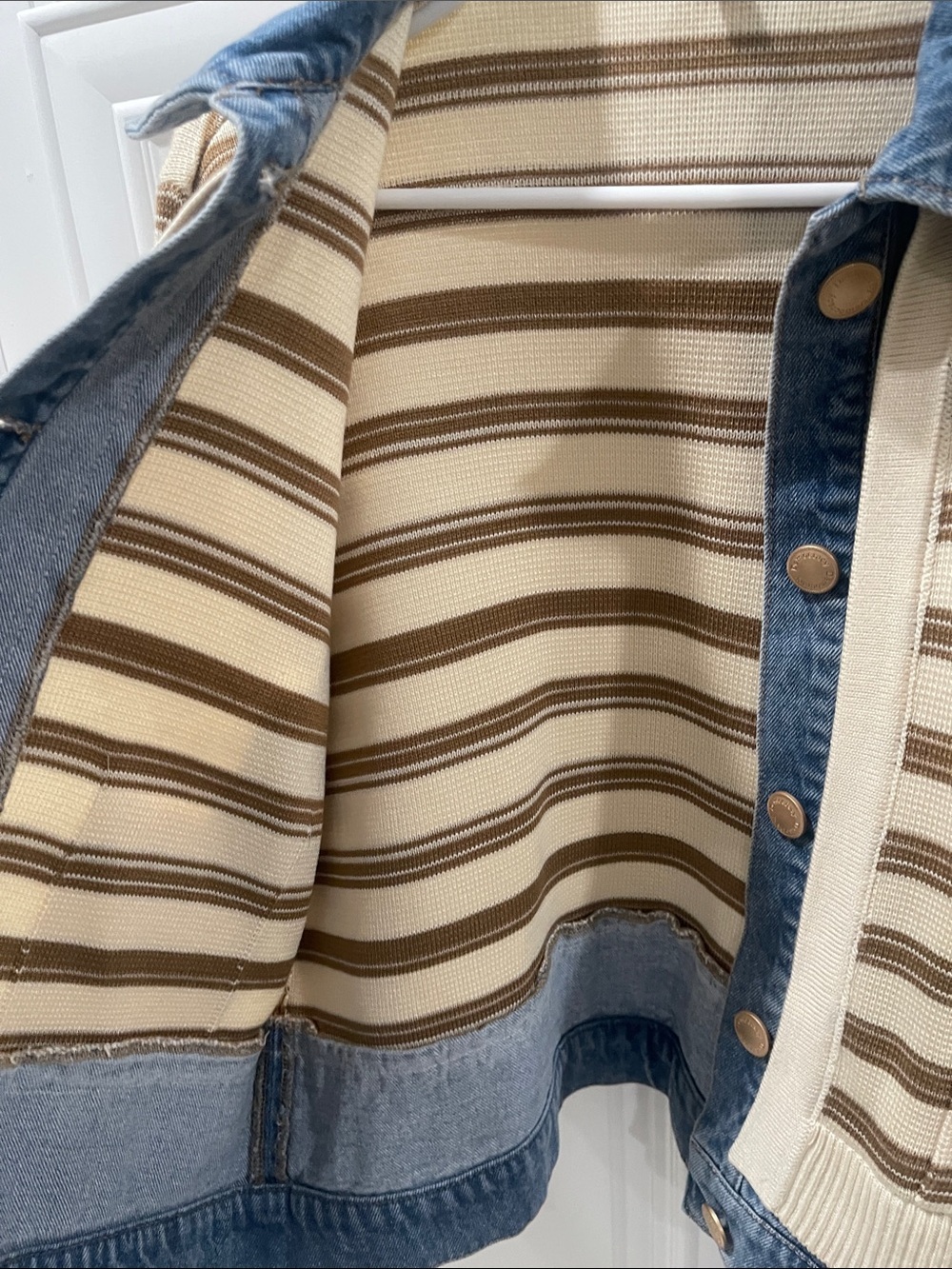 NWT Democracy ivory cream Striped Knit Jacket with Blue Denim Trim - Picture 8 of 14